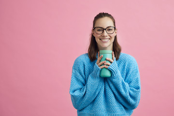Colorful portrait of girl that loves her thermo cup