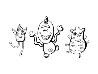 Funny dancing monsters. Kids doodle characters. Black outline on a white background. For children's prints, cards, posters, birthday.