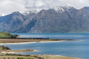 flat peninsula at lake Hawea, from The Neck, Otago, New Zealand