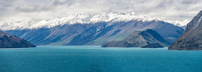 Silver island and lake Hawea western shore, from west coast near The Neck, Otago, New Zealand