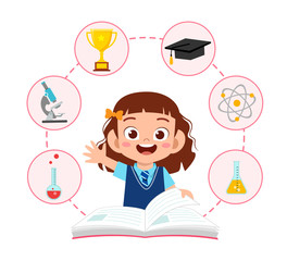 happy cute little kid school girl read book