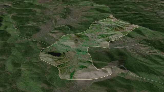 Vrane&scaron;tica, municipality with its capital, zoomed and extruded on the satellite map of Macedonia in the conformal Stereographic projection. Animation 3D