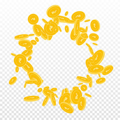 Indian rupee coins falling. Scattered floating INR