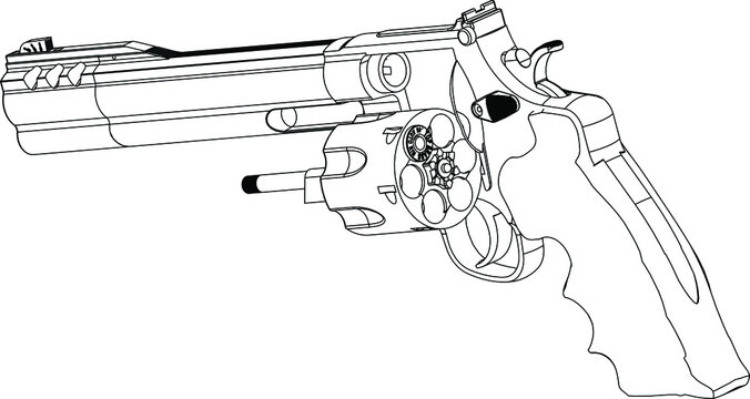 Vector. Gun With One Bullet. Revolver Colt Python Chrome Isolated On Black Background. Conceptual. Suicide. Choice.