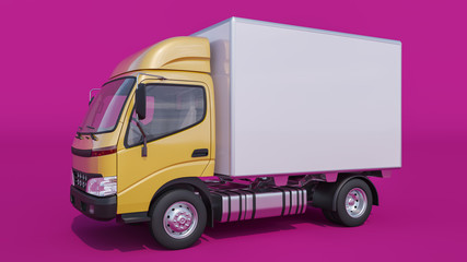 Cargo Truck in Yellow and White Color on Magenta Background 3D Rendering
