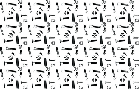 Vector. Artistic seamless pattern with many type furniture fittings. Screws, confirmat screws, Flat head screw, Cross dowel, Barrel nut, Wood pin, Minifix, Rafix. Geometric. Close up.