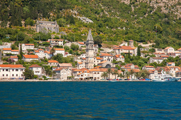 Fototapeta na wymiar View of the Perast Old Town and Saint Nicholas church, Bay of Kotor, Montenegro