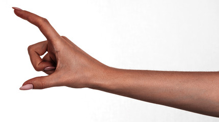 Female black hands isolated white background showing gesture holds something or takes, gives. african woman hands showing different gestures