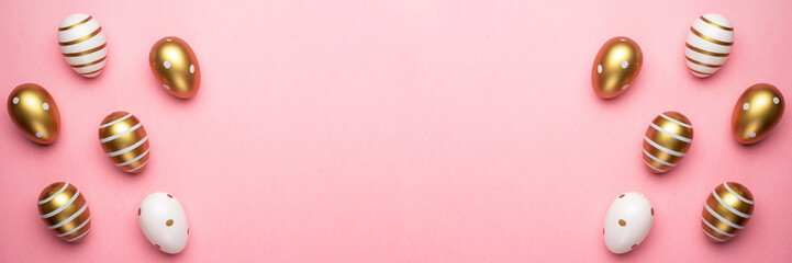 Fototapeta premium Easter eggs isolated on pink background. For greeting card, promotion, poster, flyer, web-banner, article.