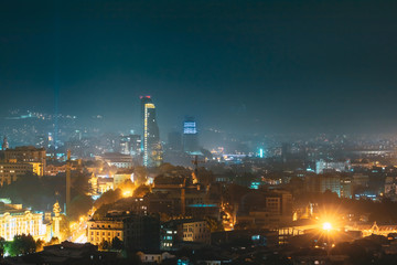 Tbilisi, Georgia. Evening Night Scenic View Of Skyscraper. Street Night Illumination. Construction Development Of Modern Architecture © Great Brut Here