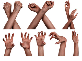 Multiple images set female black hands isolated white background showing different gestures. Collage of hands of a african woman  with manicure