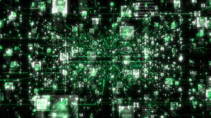 Social network as a flow of bright unrecognizable human portraits moving along green network grid. Business, technology or social media motion background. 3D rendering video