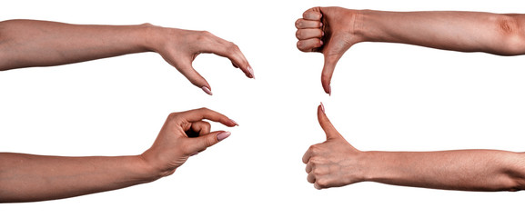Multiple images set female black hands isolated white background showing different gestures. Collage of hands of a african woman  with manicure