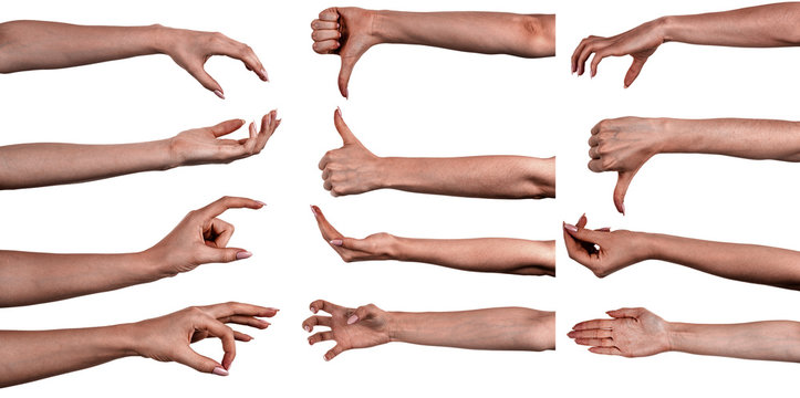 Multiple images set female black hands isolated white background showing different gestures. Collage of hands of a african woman  with manicure