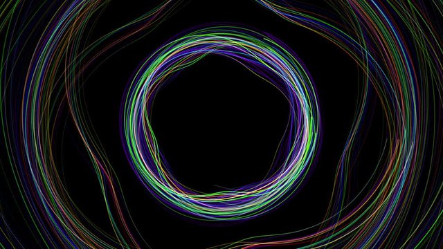 Abstract concentric psychedelic particle animation on black background  