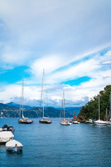Fototapeta na wymiar Stunning panoramic view of Portofino, one of the world’s most beautiful seaside towns on the Italian Riviera. Mediterranean landscape of yacht-filled harbour and mountains in the background.