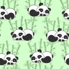 Background with cute pandas and bamboo, vector illustration. cartoon character pattern seamless.