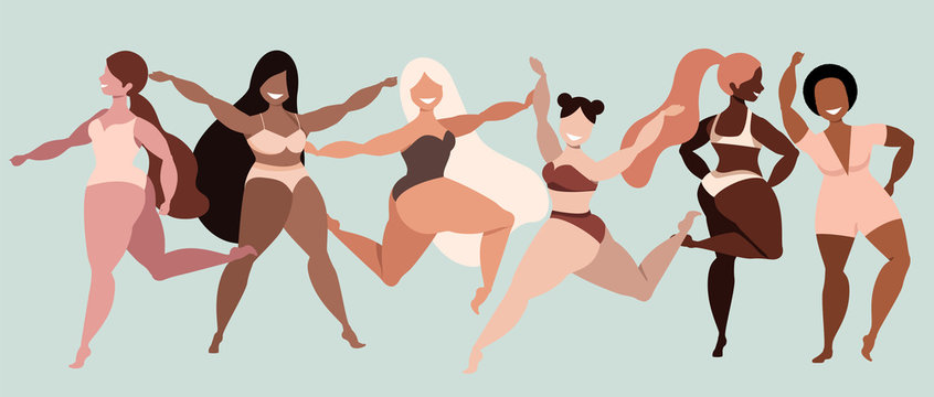 Happy girls. Body positive. Love your body. Different ethnicity and skin colour women characters. Ladies smiling and dancing. Variety of poses and gestures. Trendy vector illustration for web, app.