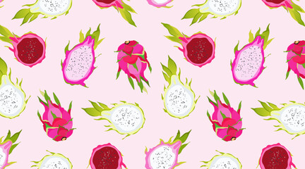 Seamless pink dragon fruit pattern. Exotic fruits on a soft pink background. Hawaiian food. Healthy eating. Trendy vector illustrated pattern of summer fruits. Beautiful design for wallpapers, web.