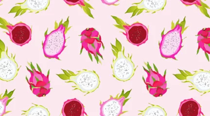 Fotobehang Seamless pink dragon fruit pattern. Exotic fruits on a soft pink background. Hawaiian food. Healthy eating. Trendy vector illustrated pattern of summer fruits. Beautiful design for wallpapers, web. © Lena Lapina