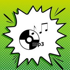 Compact disk with music notes. mp3 sign. Black Icon on white popart Splash at green background with white spots. Illustration.
