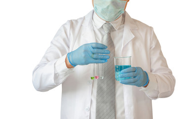 Scientist holding test tubes examining beaker with clipping path on white background
