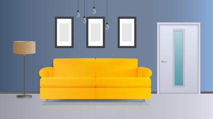 Vector illustration of an interior. Yellow sofa, white door, floor lamp with white lampshade, white ceiling lamp. Realistic vector interior.
