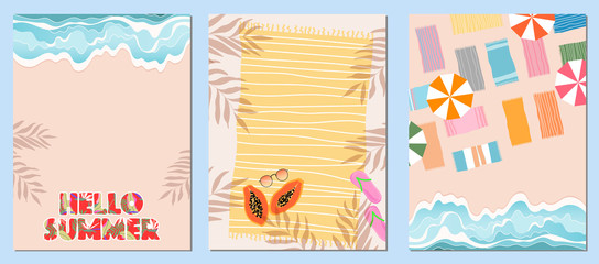 Set of three summer templates. Card, banner design for web and print. ocean, sea, beach towel and sunglasses on a sand. Colorful sun umbrellas on the seaside. Blue water and waves. Modern lettering.