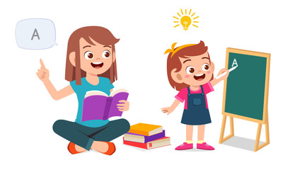 happy cute little kid girl study with mom