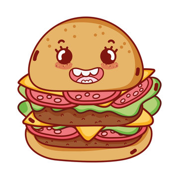 Burger Fast Food Cute Kawaii Cartoon Isolated Icon