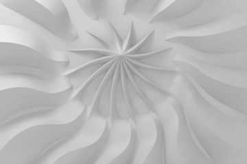 Modern abstract parametric three-dimensional background of a set of wavy swirling white three-dimensional petals converging in a cent. 3D illustration