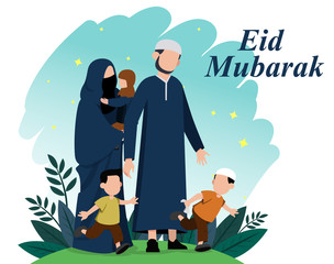 Moslem Family Celebrate Eid Mubarak Islamic Illustration Vector Design