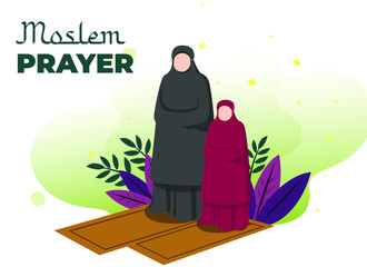 Moslem Women Prayer Together Islami Flat Illustration with Soft Gradient