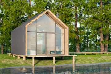 Wooden secluded house made of planks in a Scandinavian modern style with large Windows overlooking the lake, a fireplace at sunset against the background of a coniferous green forest. 3D illustration