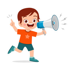 happy cute little kid boy holding megaphone
