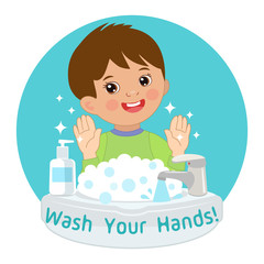 Cute Young Boy washing hands in the sink. Vector Illustration Of Washing Hands with Antibacterial hand sanitizer, in cartoon flat illustration vector isolated. Wash you hands banner for kids.