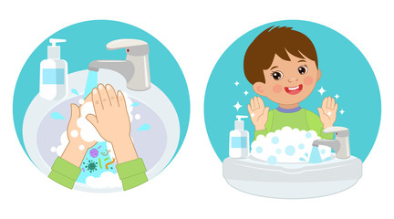 Dirty Hands, Clear Hands, Before And After. Hand Hygiene Vector Icons In The Circle. Wash You Hands Banner For Kids. Boy Washing Hands In The Sink. Vector Illustration Of Washing Hands With Soap.