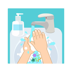 Wash Hand With Soap Or Antibacterial Hand Sanitizer. Washing Dirty Hands Guidance. Idea Of Healthcare. Isolated Flat Vector Illustration.