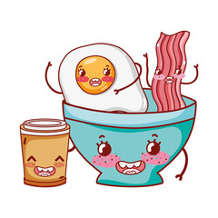 breakfast cute fried egg and bacon in bowl with plastic cup cartoon