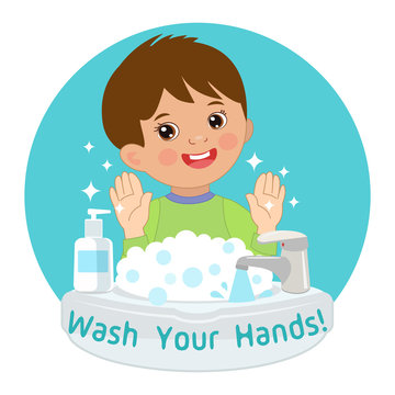 Cute Young Boy Washing Hands In The Sink. Vector Illustration Of Washing Hands With Antibacterial Hand Sanitizer, In Cartoon Flat Illustration Vector Isolated. Wash You Hands Banner For Kids.