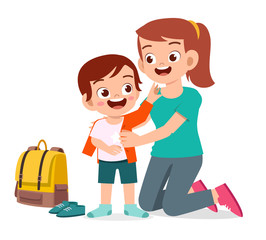 happy cute little kid boy prepare go to school with mom