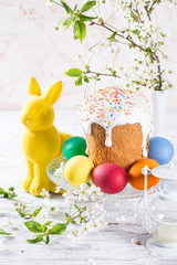 Beautiful easter concept with flowers and easter cake