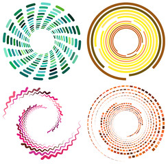 set of colorful, multicolor and monochrome cyclic, cycle concentric rings. revolved spirals, vortexes, swirl, spirals and twirls. abstract circular, radial loop shapes, elements