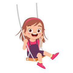 happy cute little kid girl play swing - obrazy, fototapety, plakaty