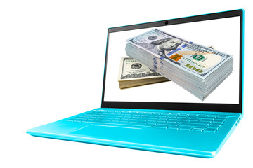 Make money online. Business concept with making profit using internet. Laptop computer with money. Making money online concept. Using a laptop to building online business