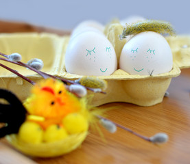 Happy Easter. Congratulatory easter background. Easter eggs and flowers. Horizontal