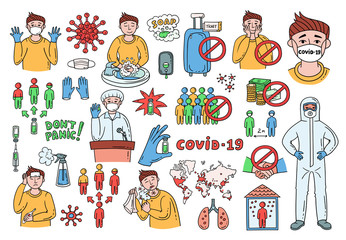 Cartoon vector set on the theme of coronavirus, covid-19. Symptoms, health care, virus protection, spread causes, infographics, medical advice, vaccine development. Colorful hand drawn doodles