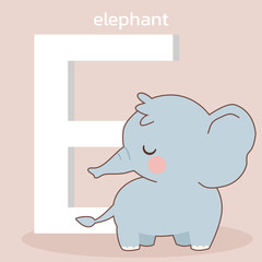 The character of cute elephant standing with the big font of E for a-z theme. the character of cute elephant with a font of E in flat vector. The character of cute elephant in flat vector style.