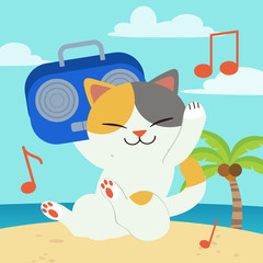 The character of cute cat holding a radio and listen the music on the beach and blue sky. The character of cute cat enjoy with the music form radio. The character of cute cat in flat vector style.