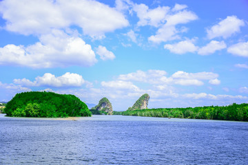 View of mountains and mangroves and mangrove forest in Krabi town. Krabi Province, Thailand.